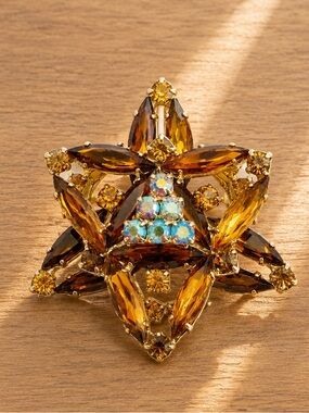 Vintage Amber & Brown Rhinestone Brooch​​
